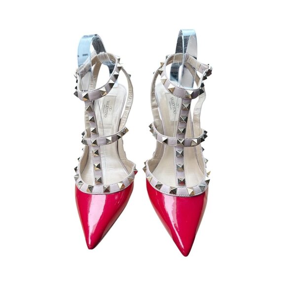 VALENTINO GARAVANI Rockstud Caged Pump EU 38 US 8 Red Patent Pointed High Heel - Picture 2 of 14